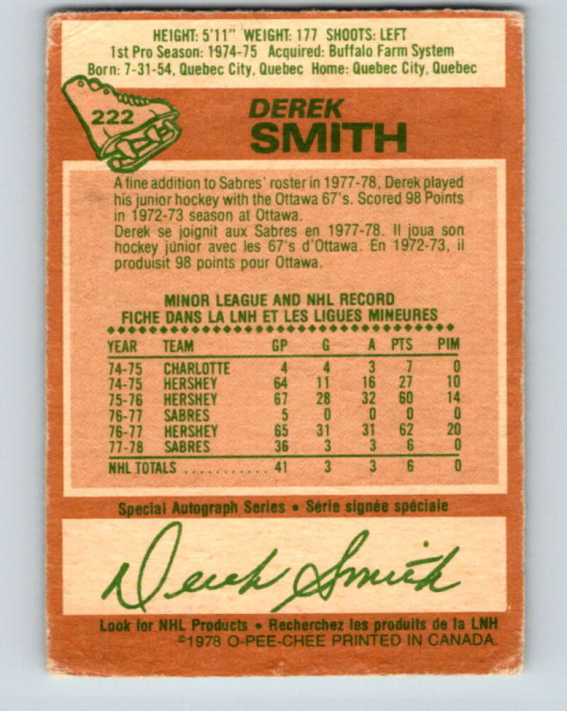 1978-79 O-Pee-Chee #222 Derek Smith  RC Rookie Buffalo Sabres  V24007