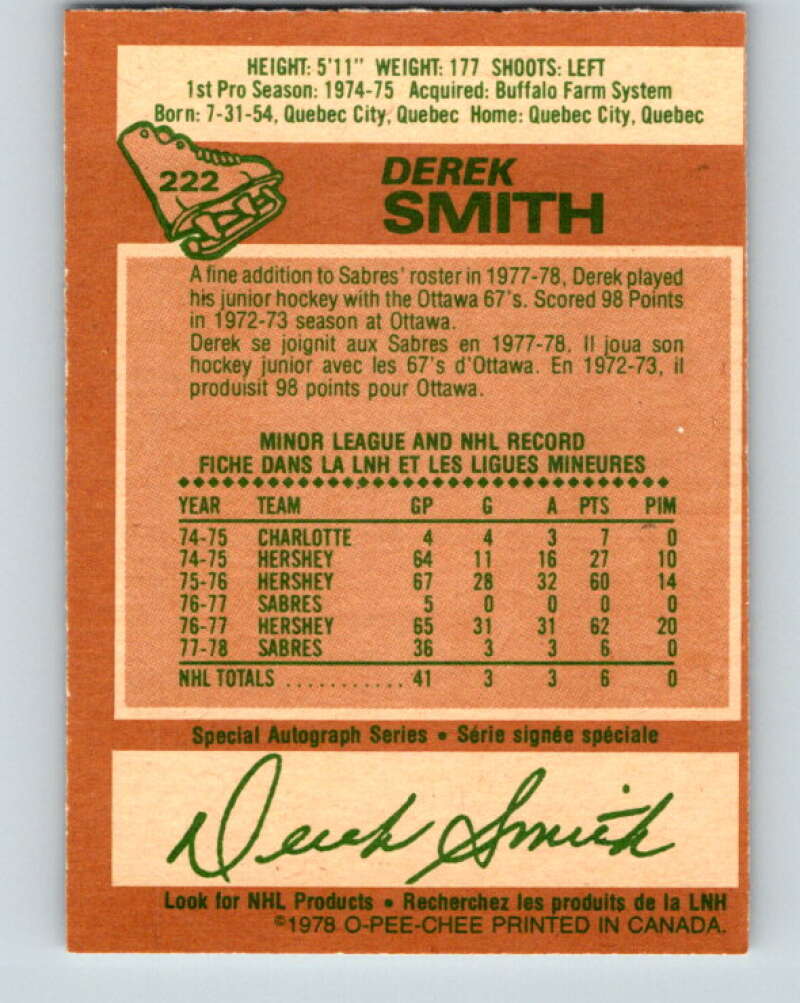 1978-79 O-Pee-Chee #222 Derek Smith  RC Rookie Buffalo Sabres  V24009
