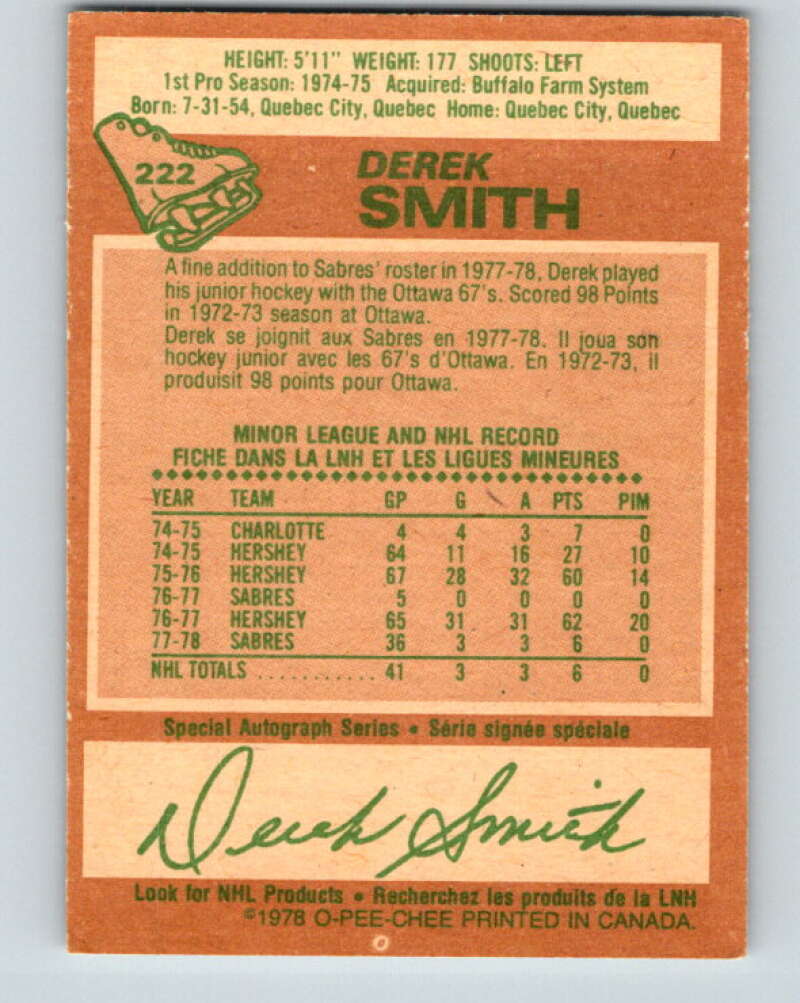 1978-79 O-Pee-Chee #222 Derek Smith  RC Rookie Buffalo Sabres  V24011