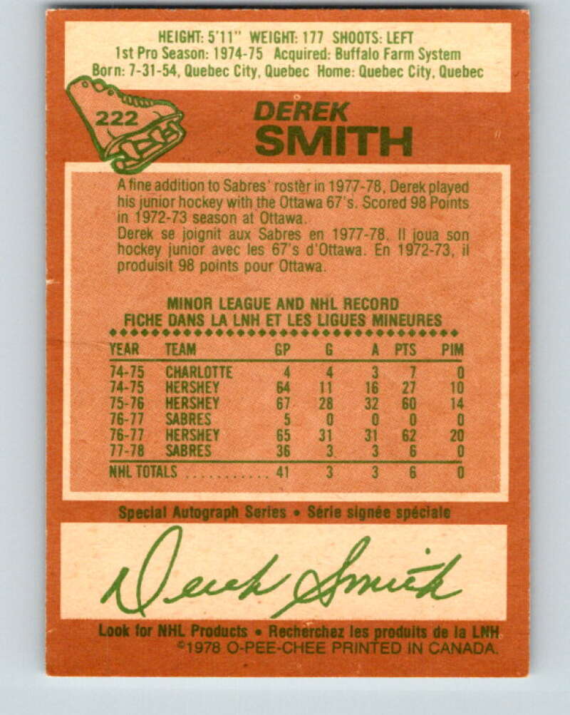 1978-79 O-Pee-Chee #222 Derek Smith  RC Rookie Buffalo Sabres  V24012