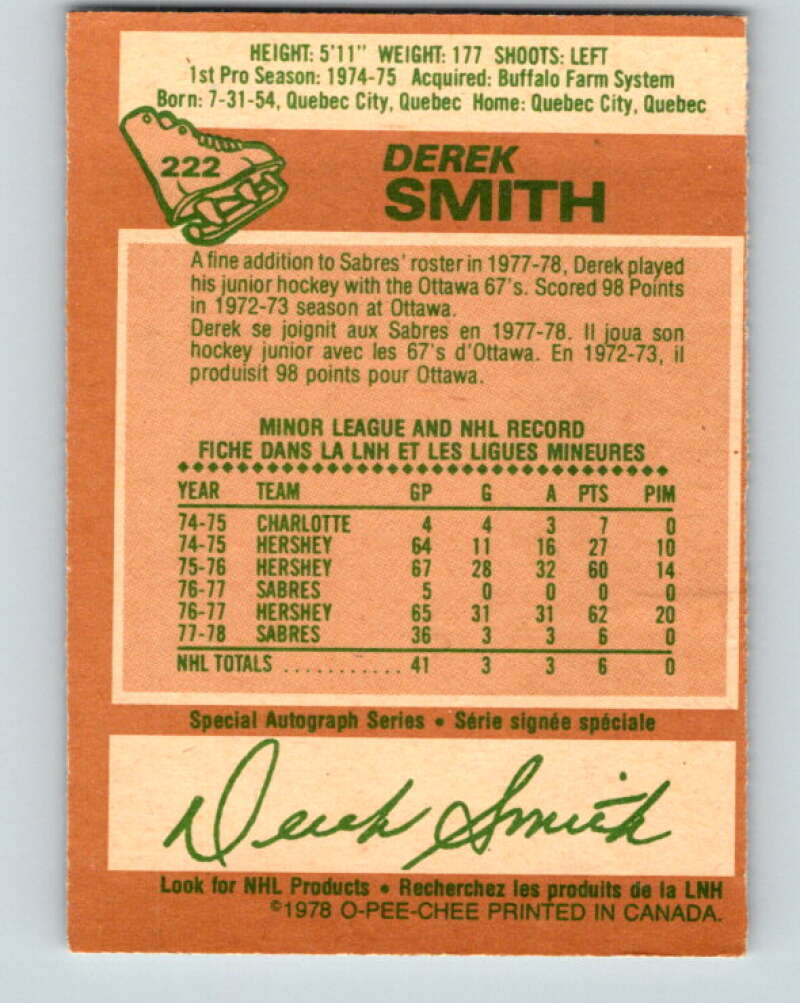 1978-79 O-Pee-Chee #222 Derek Smith  RC Rookie Buffalo Sabres  V24013