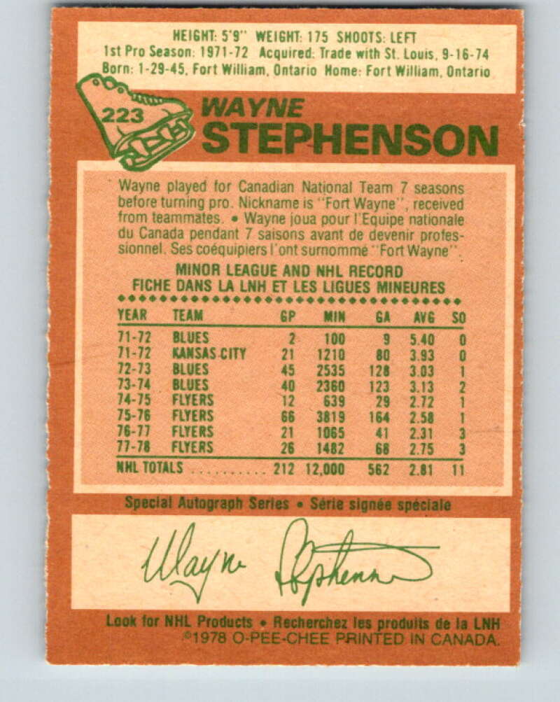 1978-79 O-Pee-Chee #223 Wayne Stephenson  Philadelphia Flyers  V24016