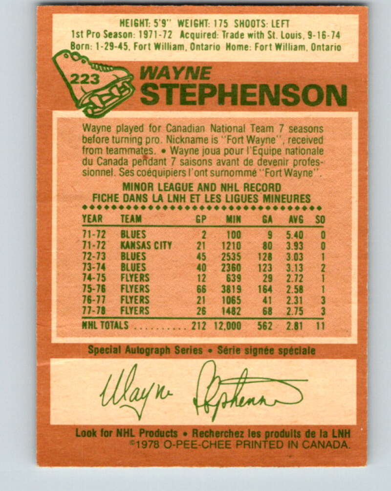1978-79 O-Pee-Chee #223 Wayne Stephenson  Philadelphia Flyers  V24019