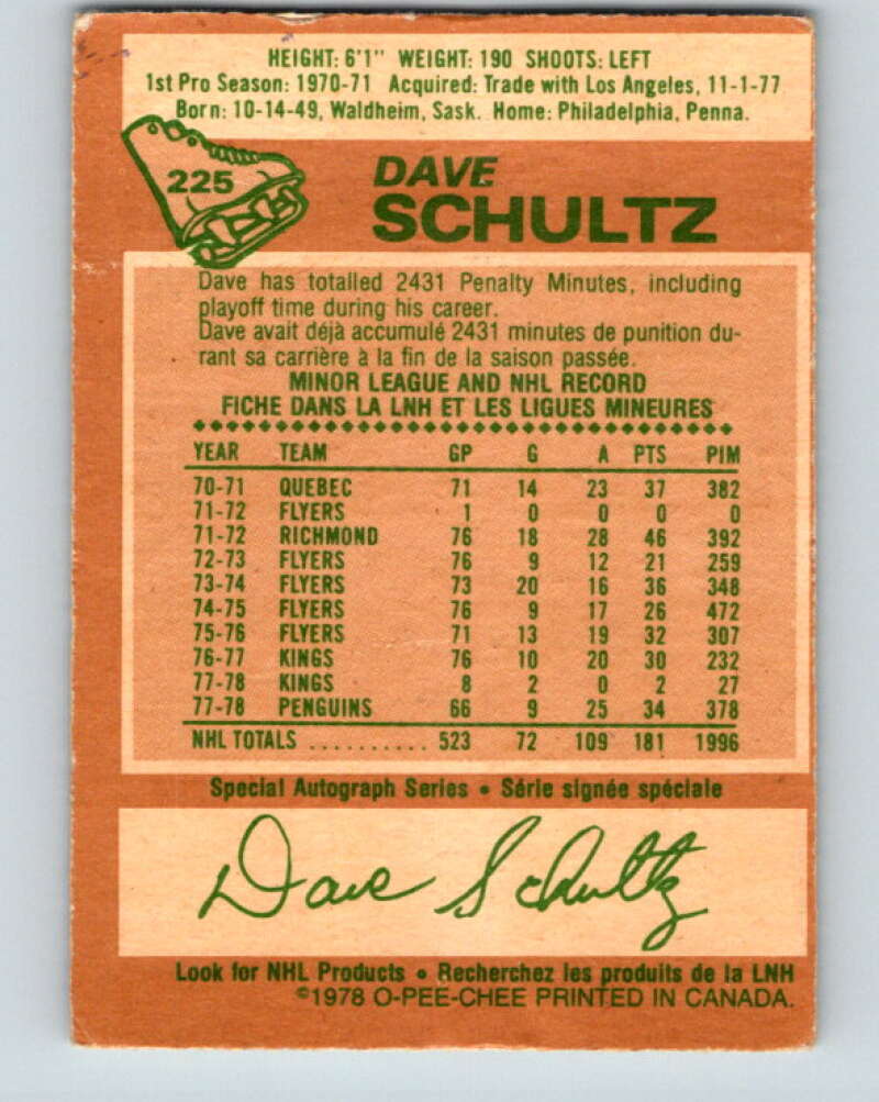 1978-79 O-Pee-Chee #225 Dave Schultz  Pittsburgh Penguins  V24043