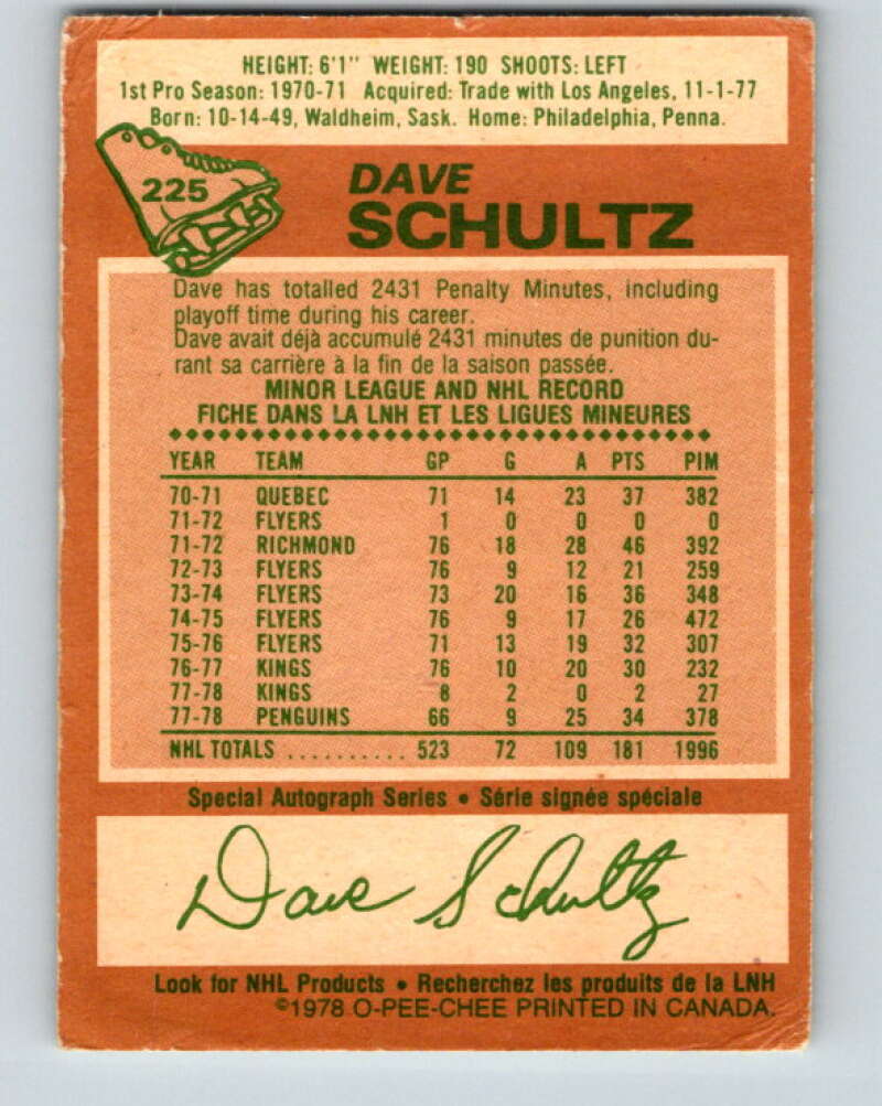 1978-79 O-Pee-Chee #225 Dave Schultz  Pittsburgh Penguins  V24044