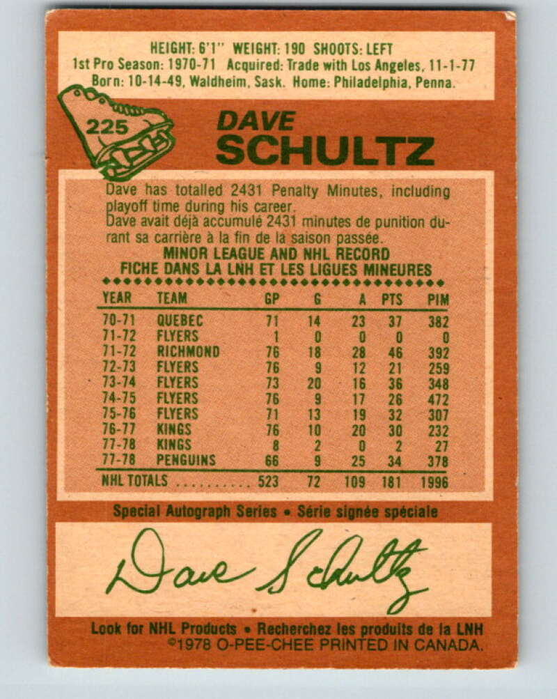 1978-79 O-Pee-Chee #225 Dave Schultz  Pittsburgh Penguins  V24045