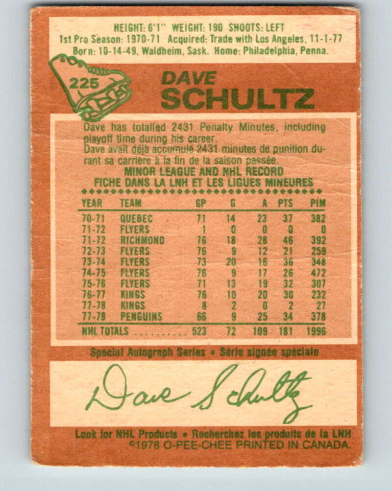 1978-79 O-Pee-Chee #225 Dave Schultz  Pittsburgh Penguins  V24048