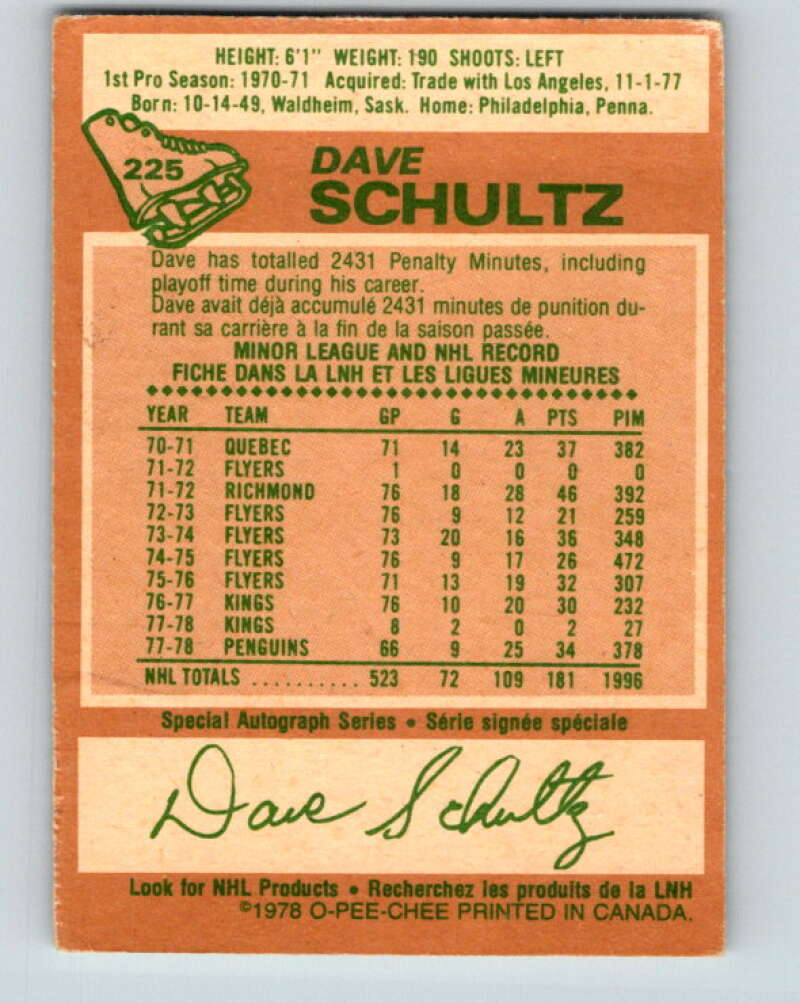 1978-79 O-Pee-Chee #225 Dave Schultz  Pittsburgh Penguins  V24049