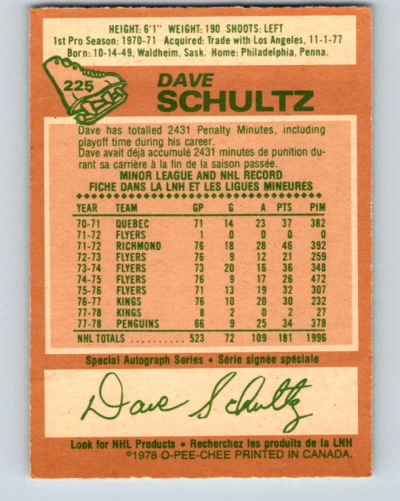 1978-79 O-Pee-Chee #225 Dave Schultz  Pittsburgh Penguins  V24051