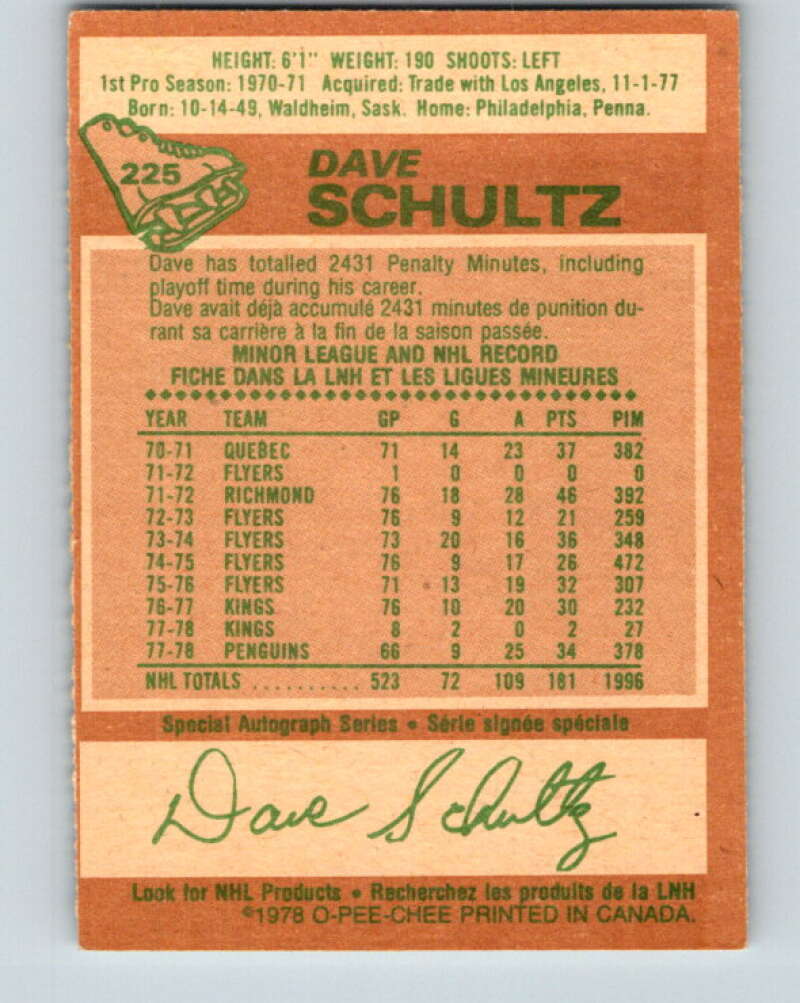 1978-79 O-Pee-Chee #225 Dave Schultz  Pittsburgh Penguins  V24052