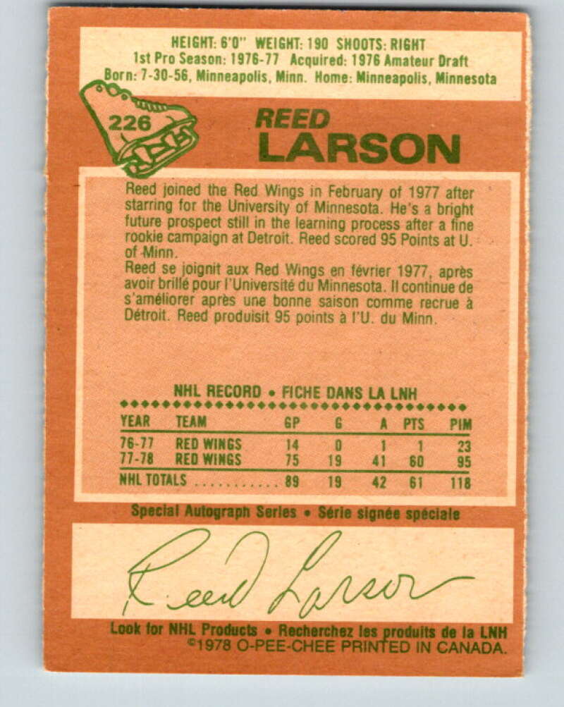 1978-79 O-Pee-Chee #226 Reed Larson  RC Rookie Red Wings  V24059