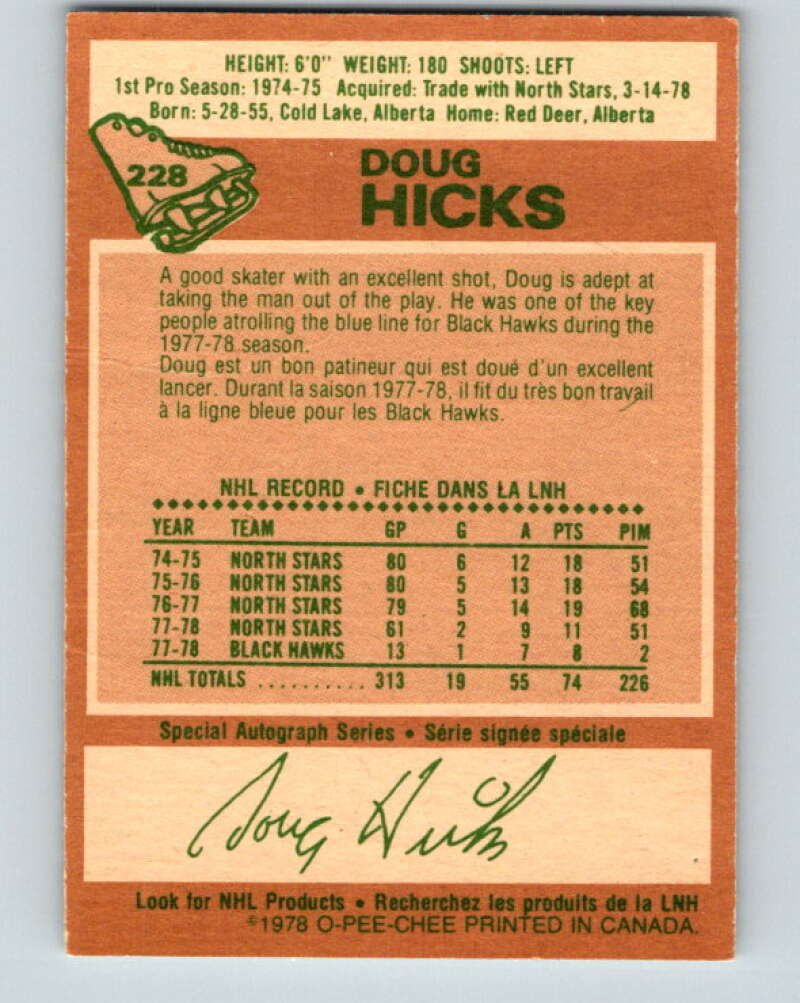 1978-79 O-Pee-Chee #228 Doug Hicks  Chicago Blackhawks  V24075