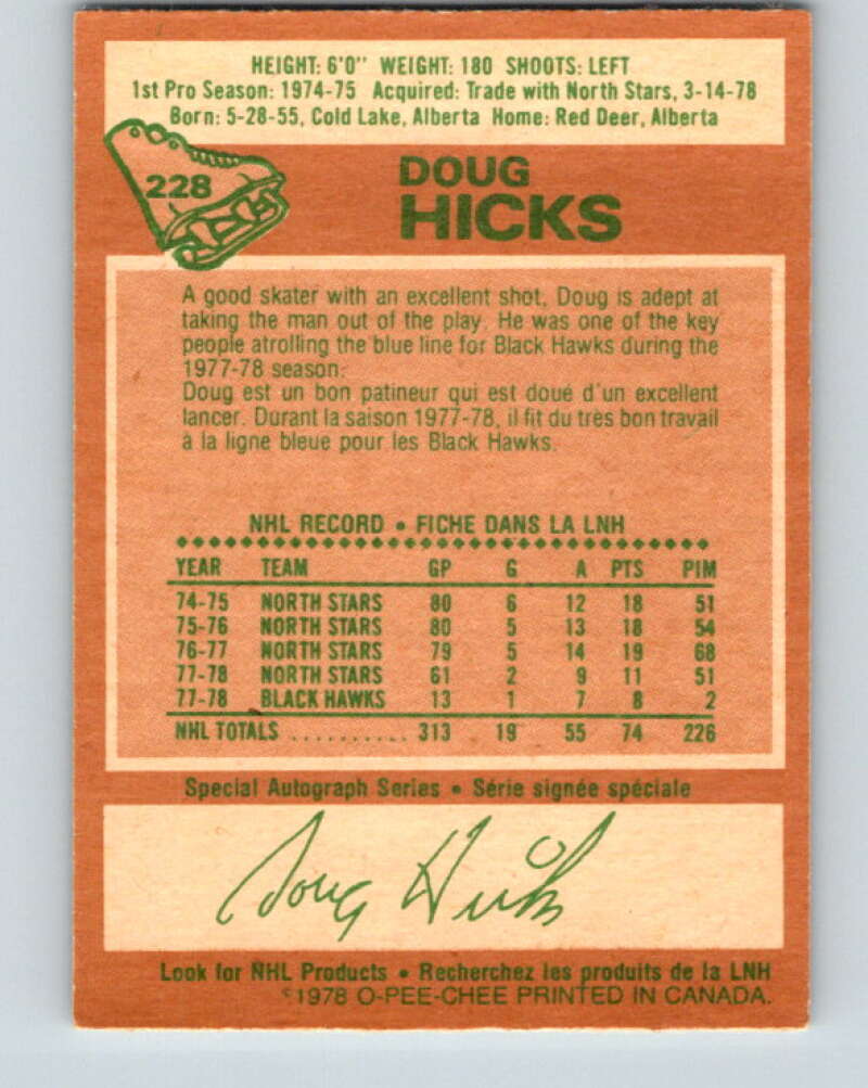 1978-79 O-Pee-Chee #228 Doug Hicks  Chicago Blackhawks  V24076