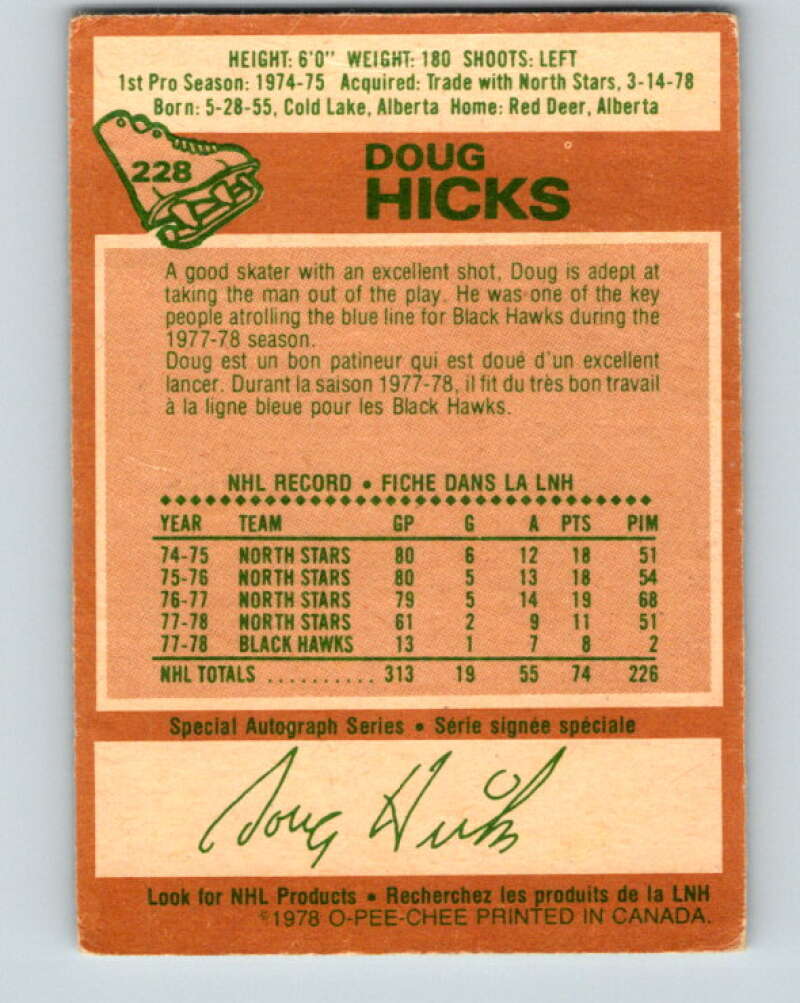 1978-79 O-Pee-Chee #228 Doug Hicks  Chicago Blackhawks  V24078