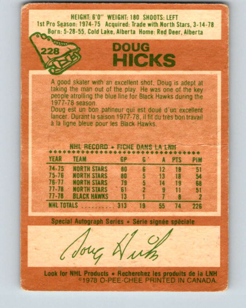 1978-79 O-Pee-Chee #228 Doug Hicks  Chicago Blackhawks  V24084