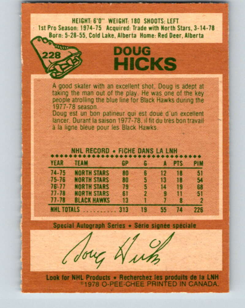 1978-79 O-Pee-Chee #228 Doug Hicks  Chicago Blackhawks  V24086