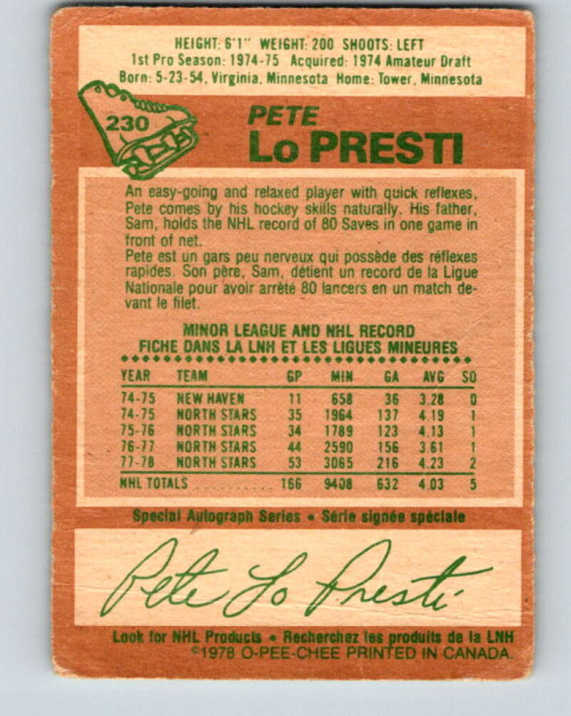 1978-79 O-Pee-Chee #230 Pete LoPresti  Minnesota North Stars  V24116