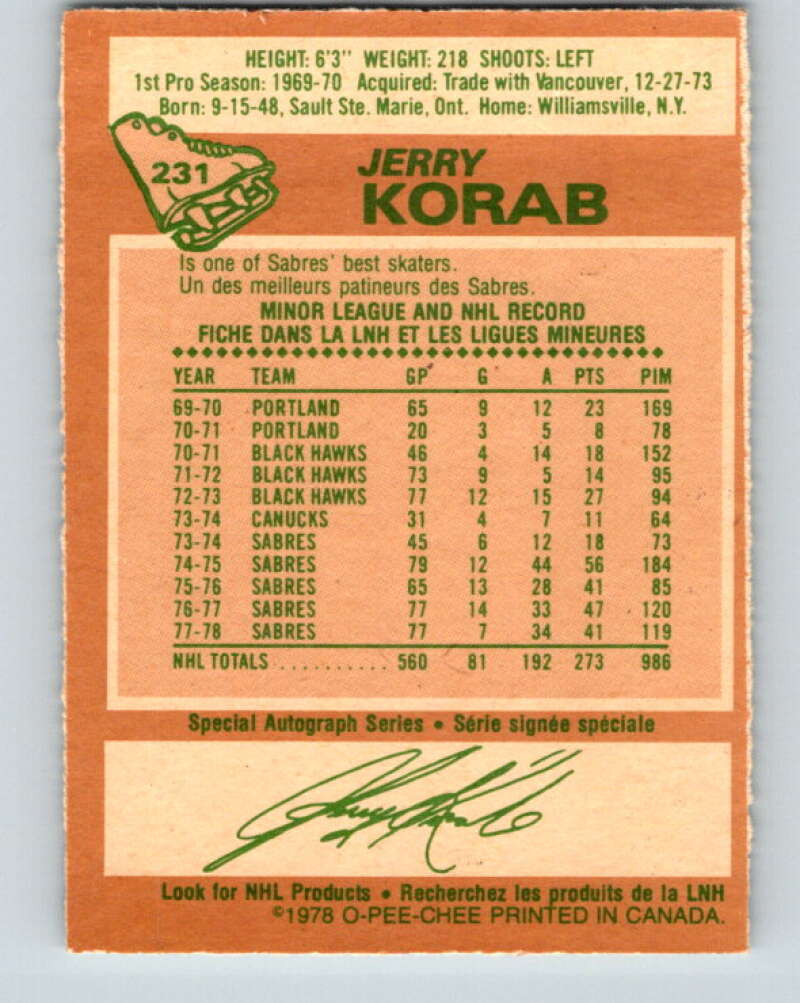 1978-79 O-Pee-Chee #231 Jerry Korab  Buffalo Sabres  V24124