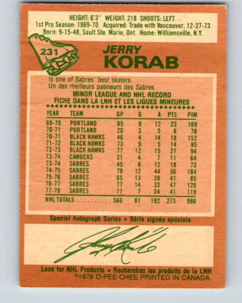 1978-79 O-Pee-Chee #231 Jerry Korab  Buffalo Sabres  V24125