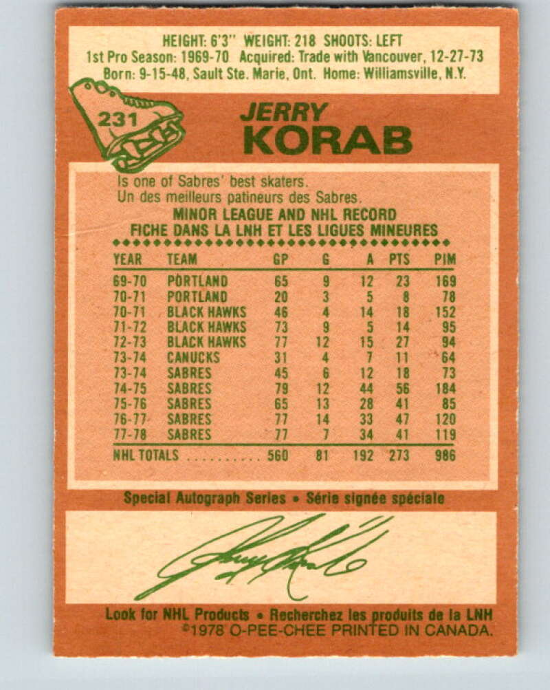 1978-79 O-Pee-Chee #231 Jerry Korab  Buffalo Sabres  V24127