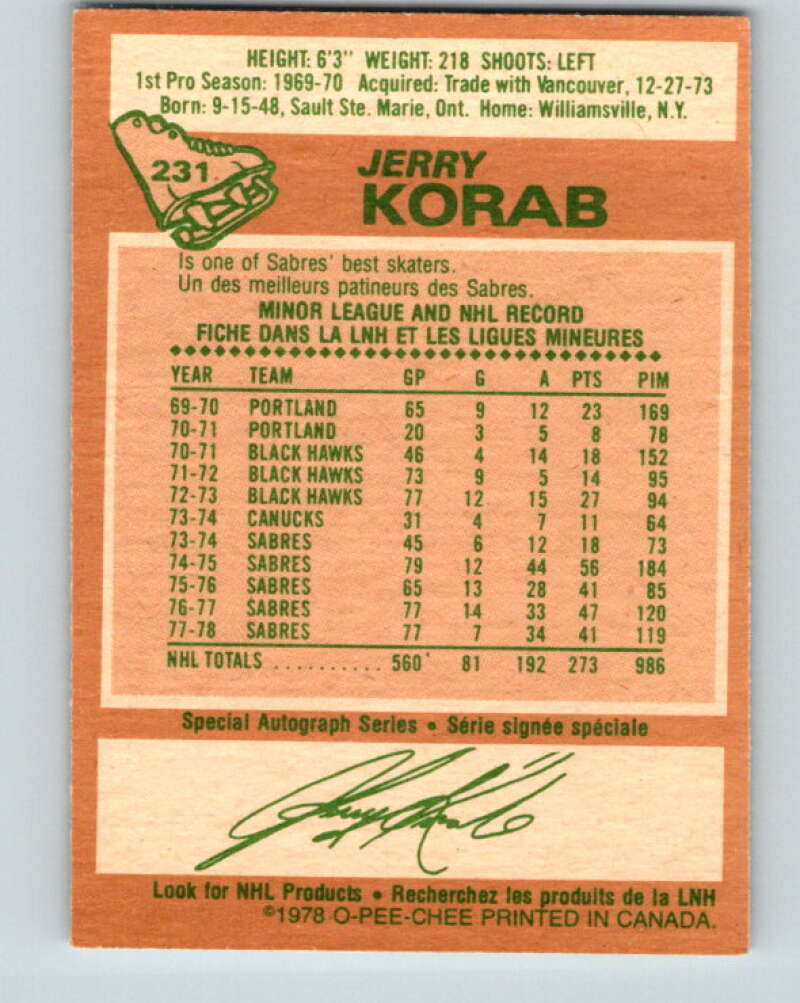 1978-79 O-Pee-Chee #231 Jerry Korab  Buffalo Sabres  V24128