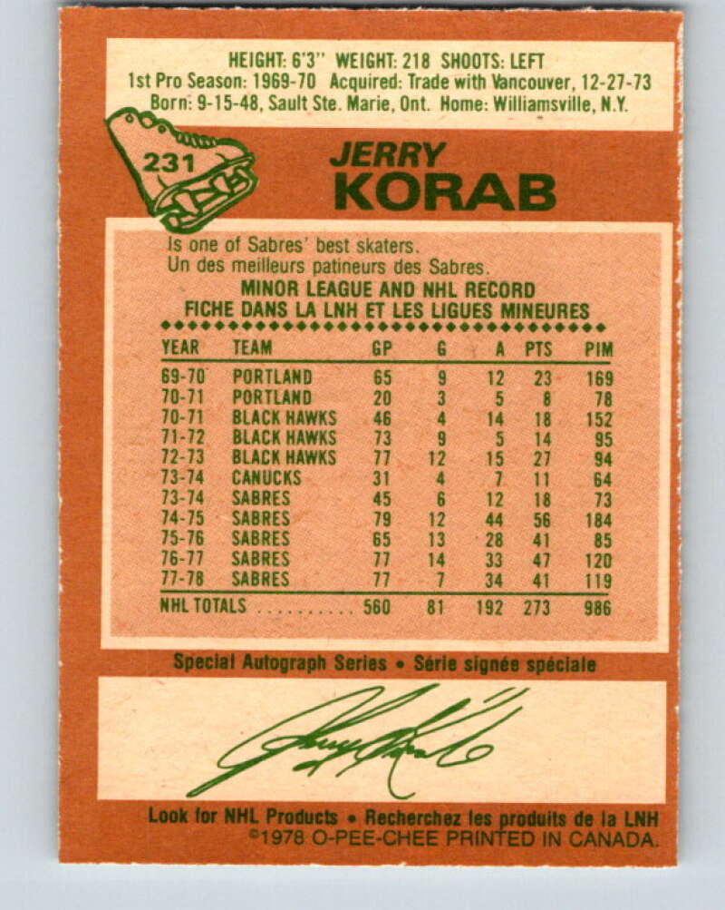 1978-79 O-Pee-Chee #231 Jerry Korab  Buffalo Sabres  V24131