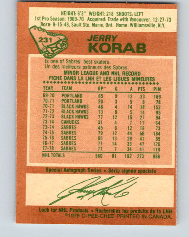 1978-79 O-Pee-Chee #231 Jerry Korab  Buffalo Sabres  V24132