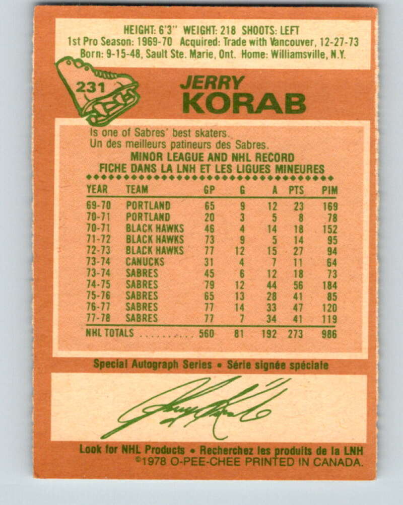 1978-79 O-Pee-Chee #231 Jerry Korab  Buffalo Sabres  V24133