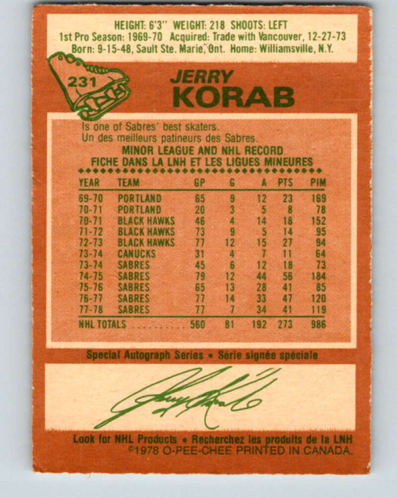 1978-79 O-Pee-Chee #231 Jerry Korab  Buffalo Sabres  V24134