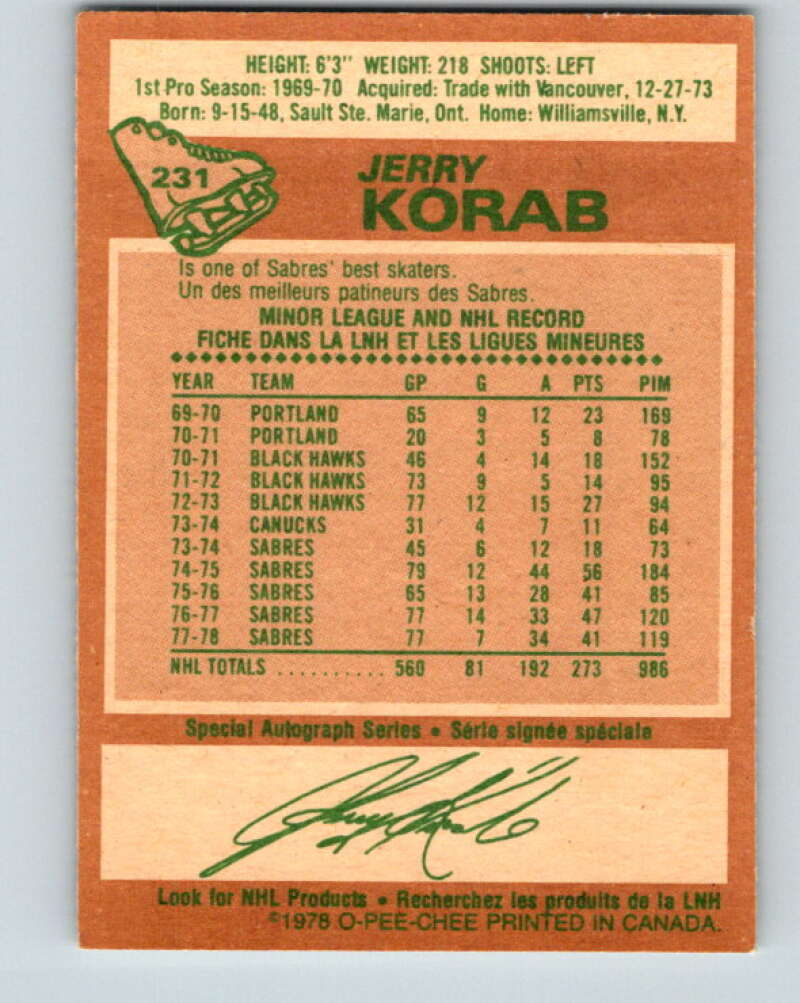 1978-79 O-Pee-Chee #231 Jerry Korab  Buffalo Sabres  V24135