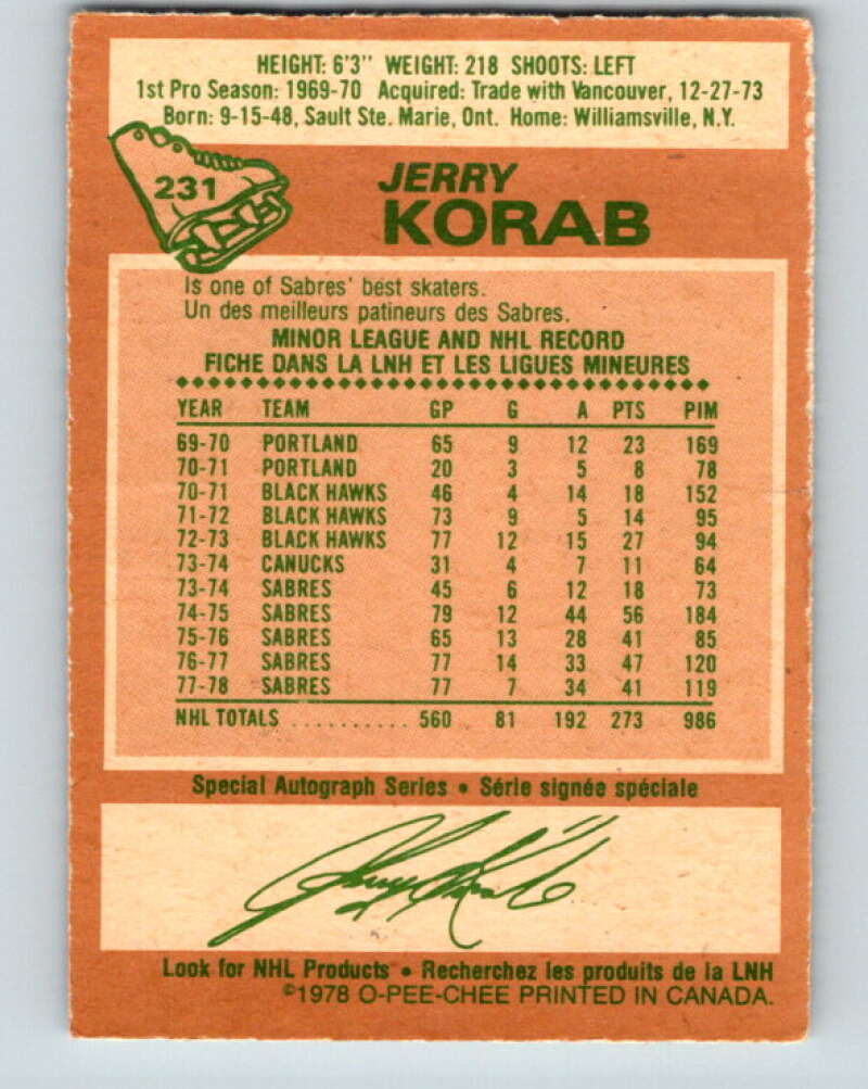1978-79 O-Pee-Chee #231 Jerry Korab  Buffalo Sabres  V24136