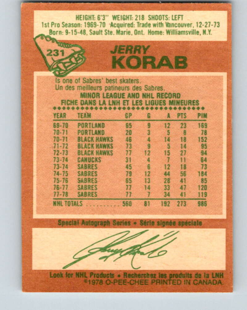 1978-79 O-Pee-Chee #231 Jerry Korab  Buffalo Sabres  V24137