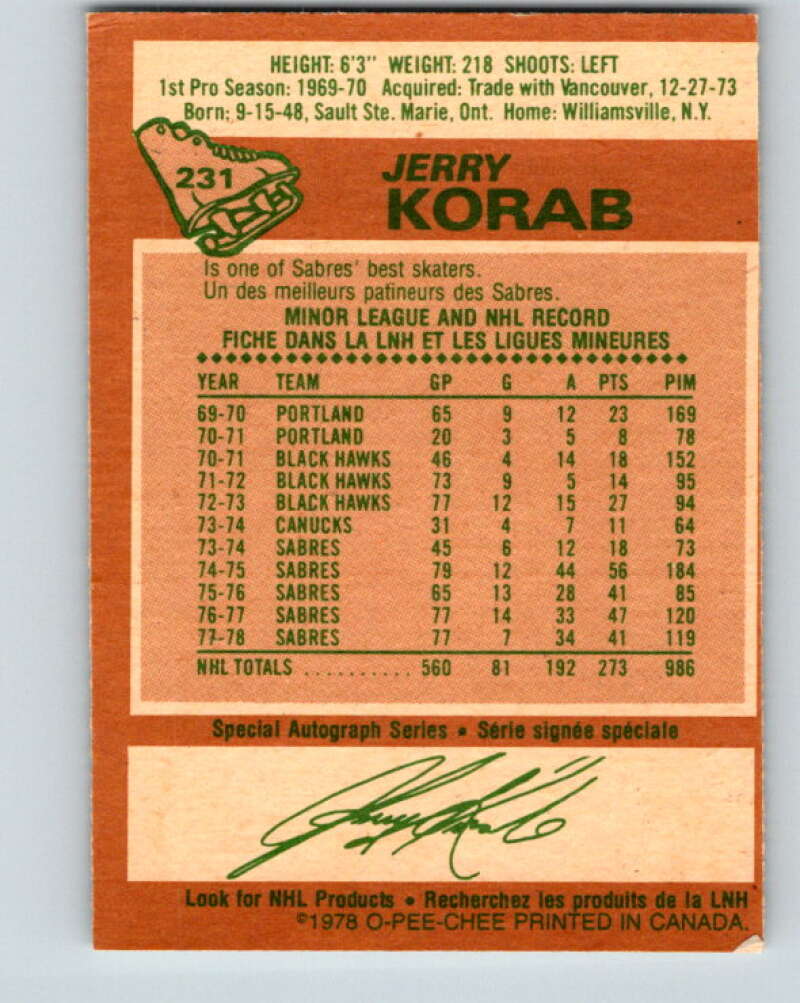 1978-79 O-Pee-Chee #231 Jerry Korab  Buffalo Sabres  V24138