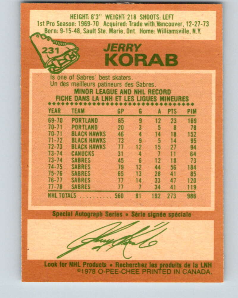 1978-79 O-Pee-Chee #231 Jerry Korab  Buffalo Sabres  V24139