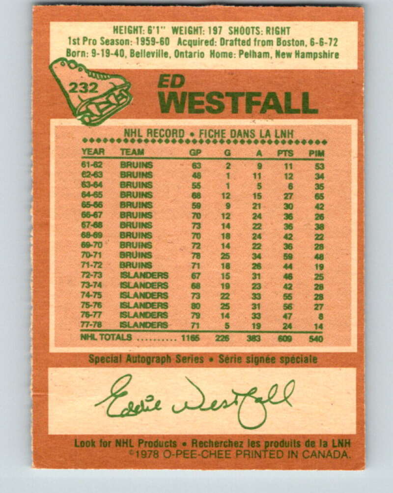 1978-79 O-Pee-Chee #232 Ed Westfall  New York Islanders  V24143