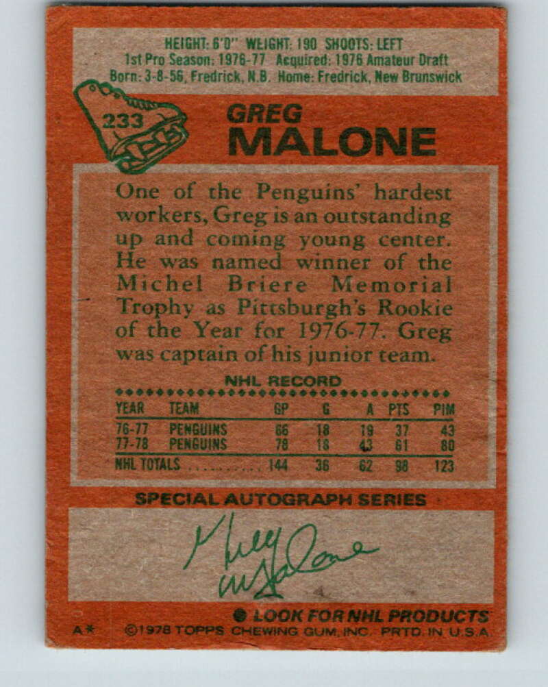 1978-79 O-Pee-Chee #233 Greg Malone  RC Rookie Penguins  V24152