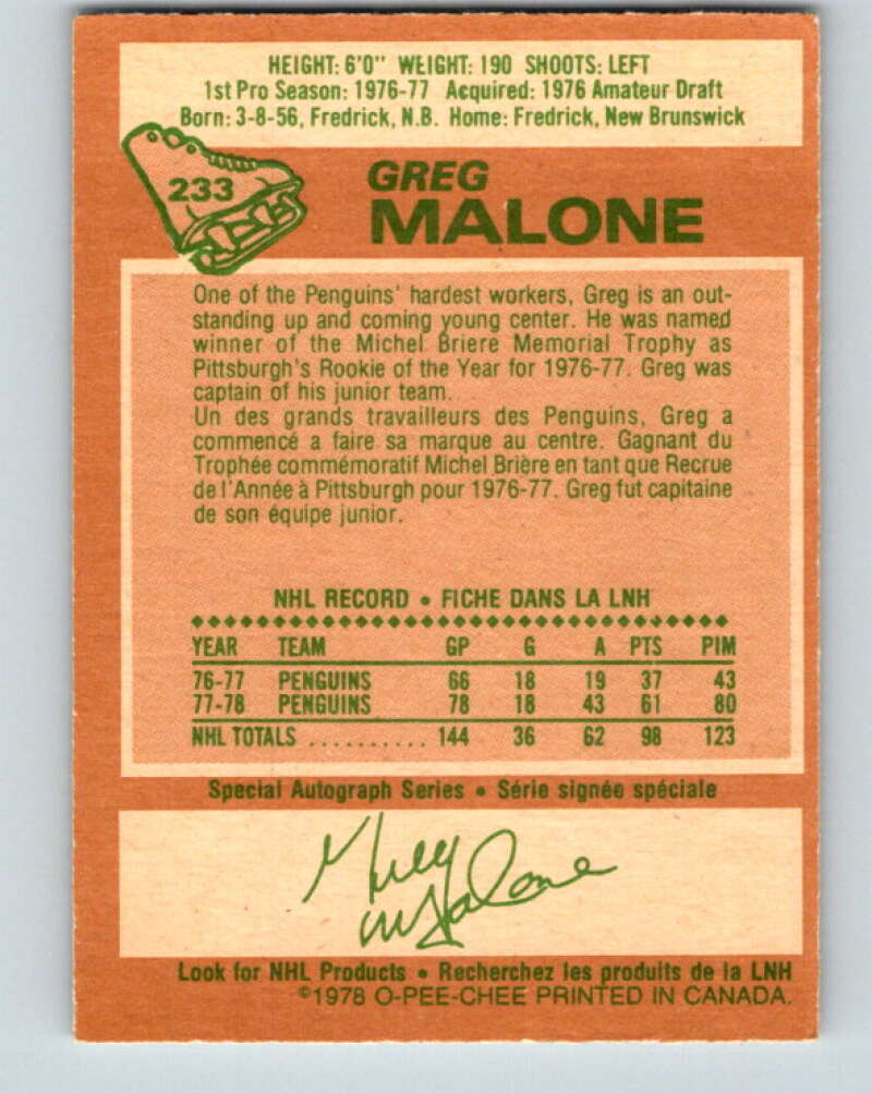 1978-79 O-Pee-Chee #233 Greg Malone  RC Rookie Penguins  V24155