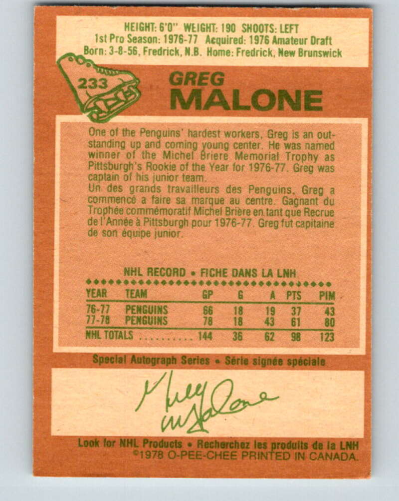 1978-79 O-Pee-Chee #233 Greg Malone  RC Rookie Penguins  V24159