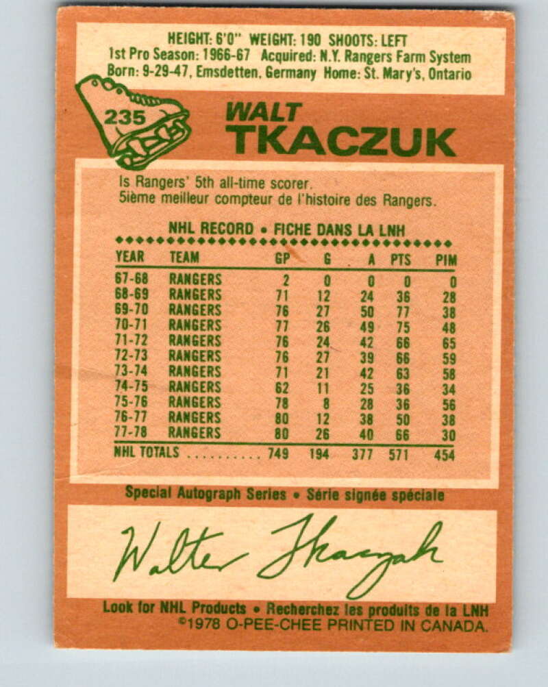 1978-79 O-Pee-Chee #235 Walt Tkaczuk  New York Rangers  V24185