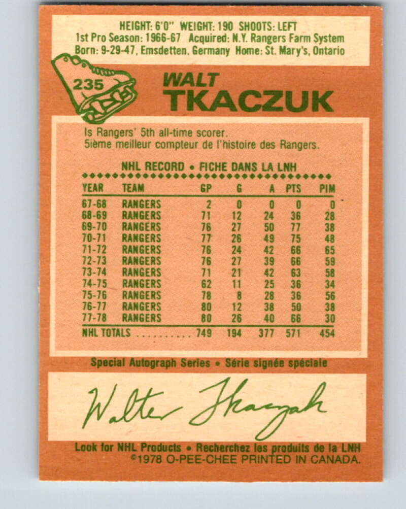 1978-79 O-Pee-Chee #235 Walt Tkaczuk  New York Rangers  V24186