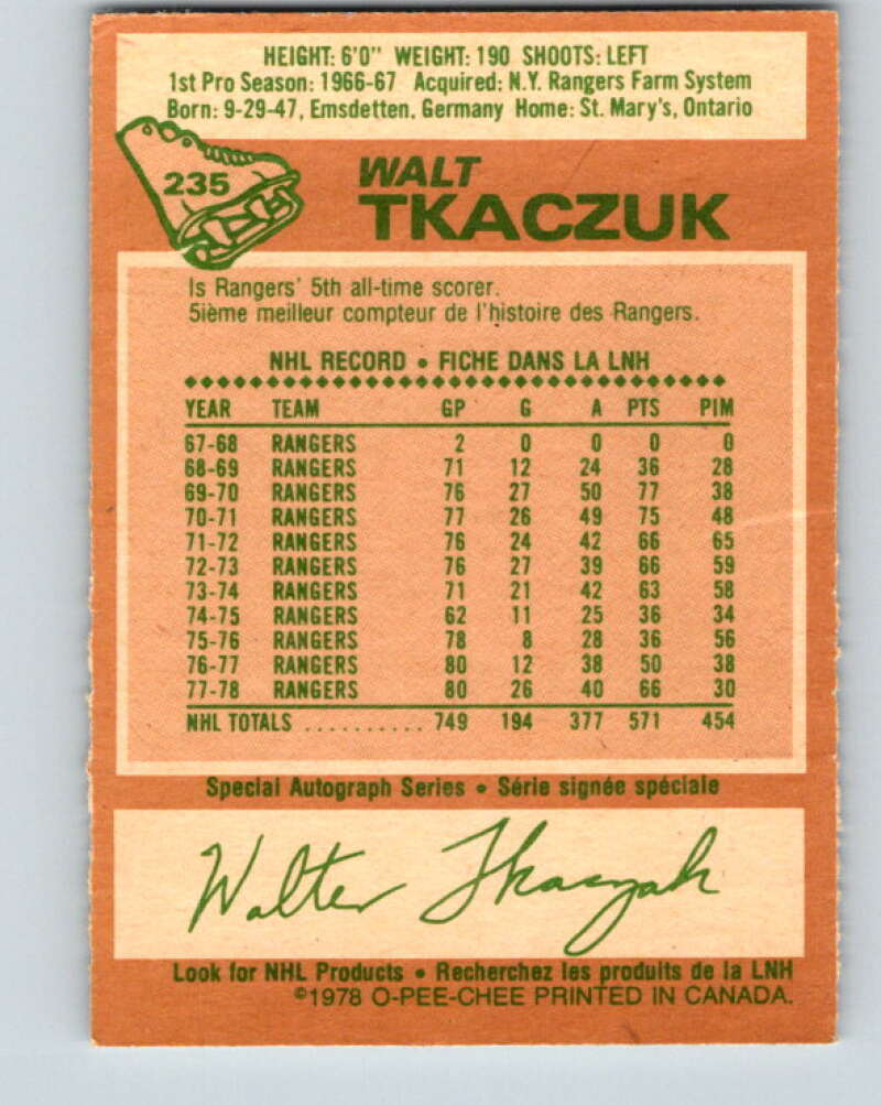 1978-79 O-Pee-Chee #235 Walt Tkaczuk  New York Rangers  V24189
