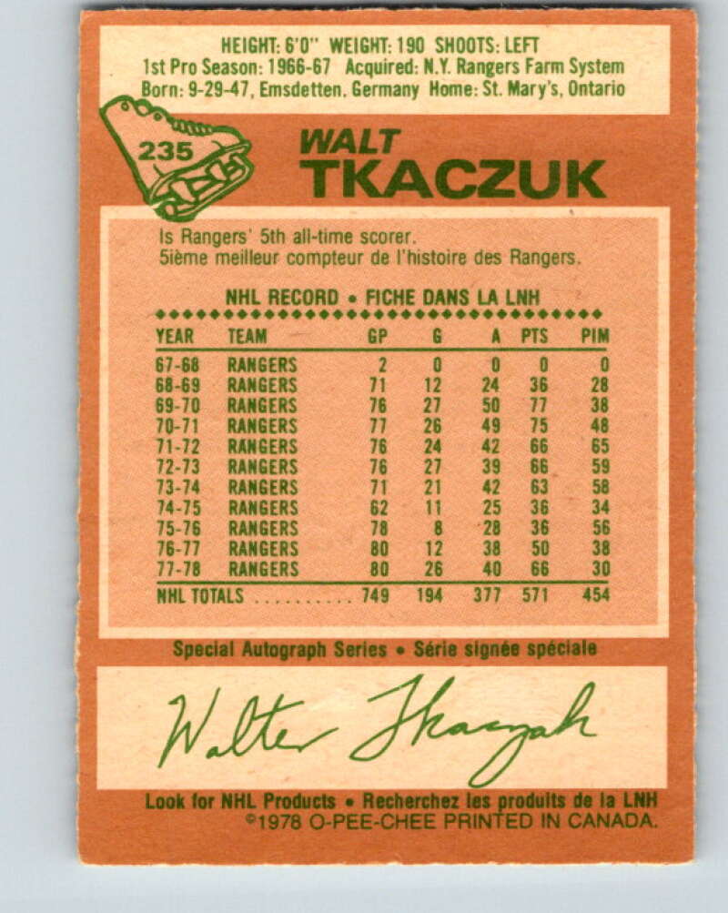 1978-79 O-Pee-Chee #235 Walt Tkaczuk  New York Rangers  V24191