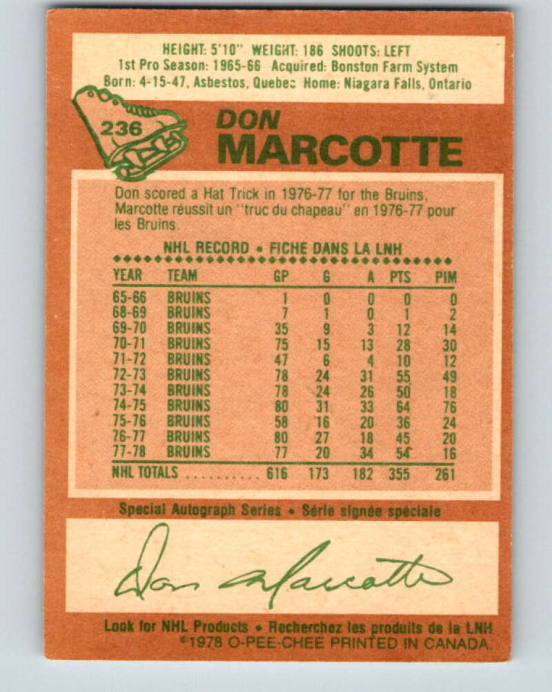 1978-79 O-Pee-Chee #236 Don Marcotte  Boston Bruins  V24197