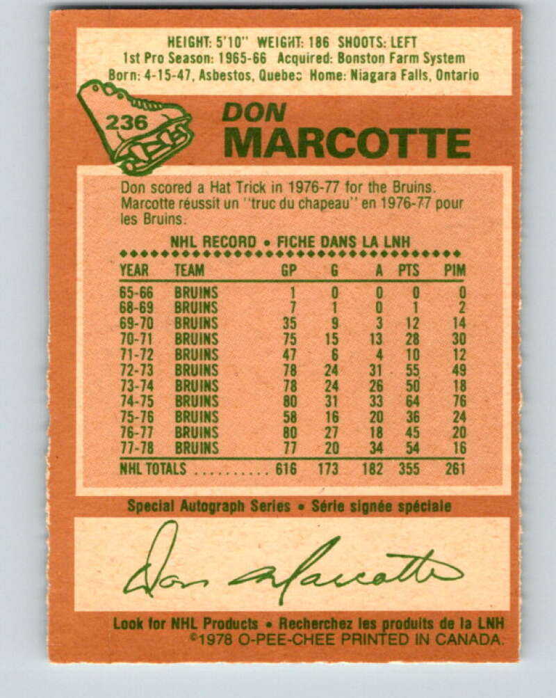 1978-79 O-Pee-Chee #236 Don Marcotte  Boston Bruins  V24198