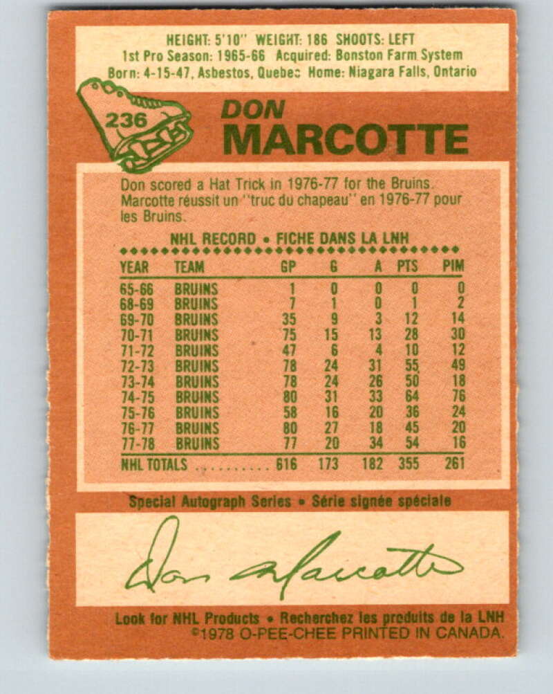 1978-79 O-Pee-Chee #236 Don Marcotte  Boston Bruins  V24199