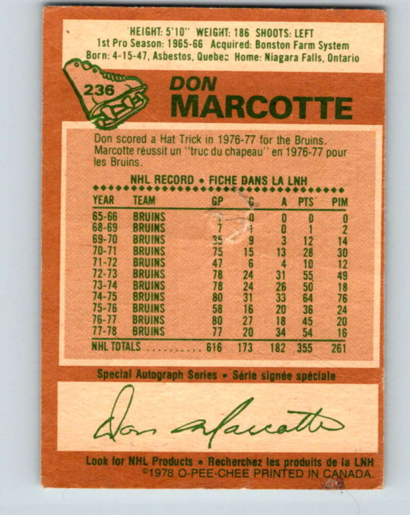 1978-79 O-Pee-Chee #236 Don Marcotte  Boston Bruins  V24201