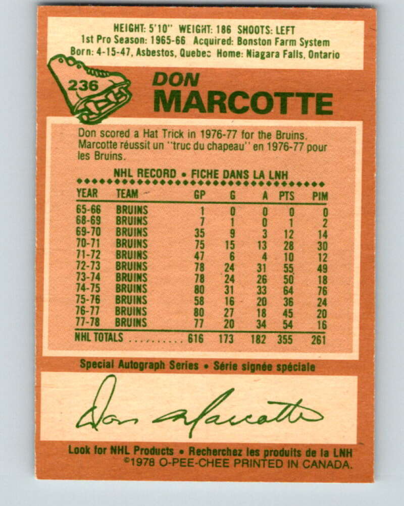 1978-79 O-Pee-Chee #236 Don Marcotte  Boston Bruins  V24202