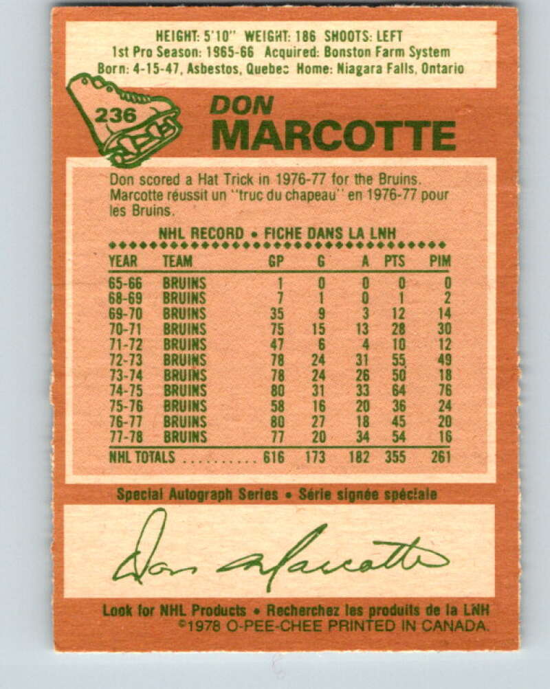 1978-79 O-Pee-Chee #236 Don Marcotte  Boston Bruins  V24203
