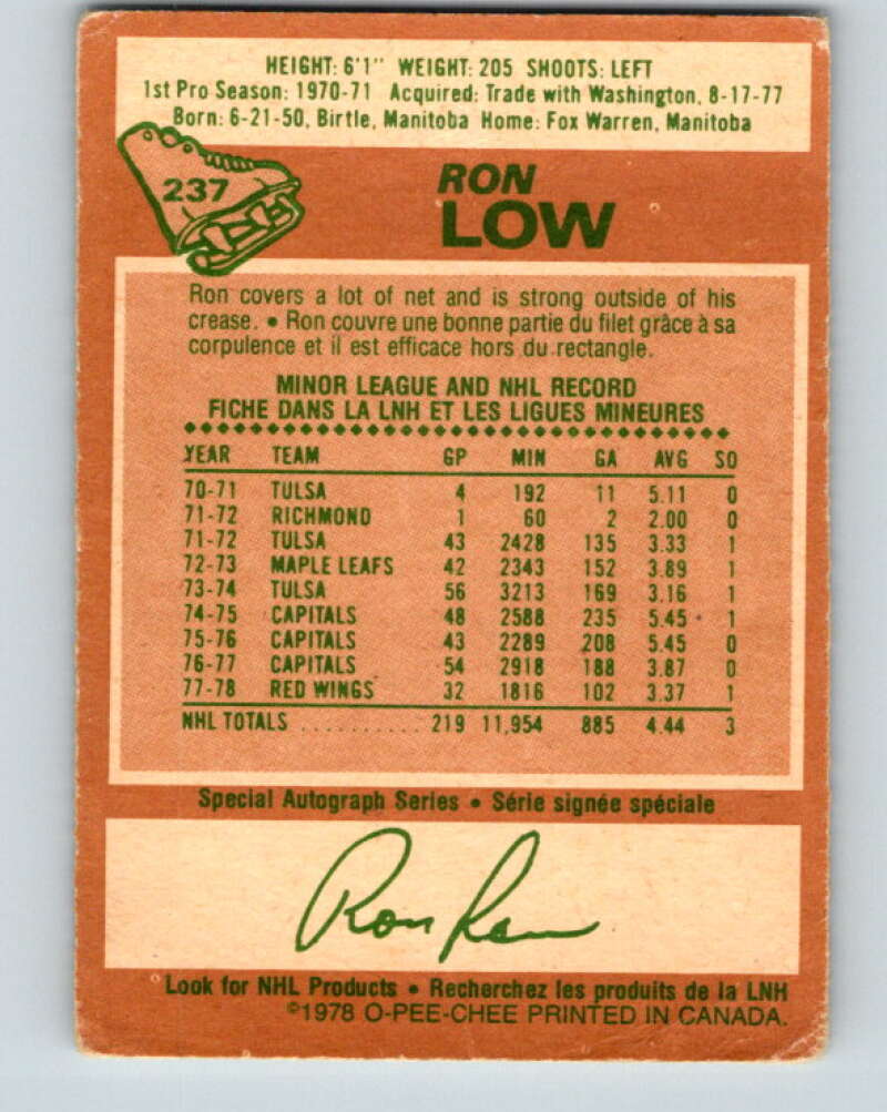 1978-79 O-Pee-Chee #237 Ron Low  Detroit Red Wings  V24216