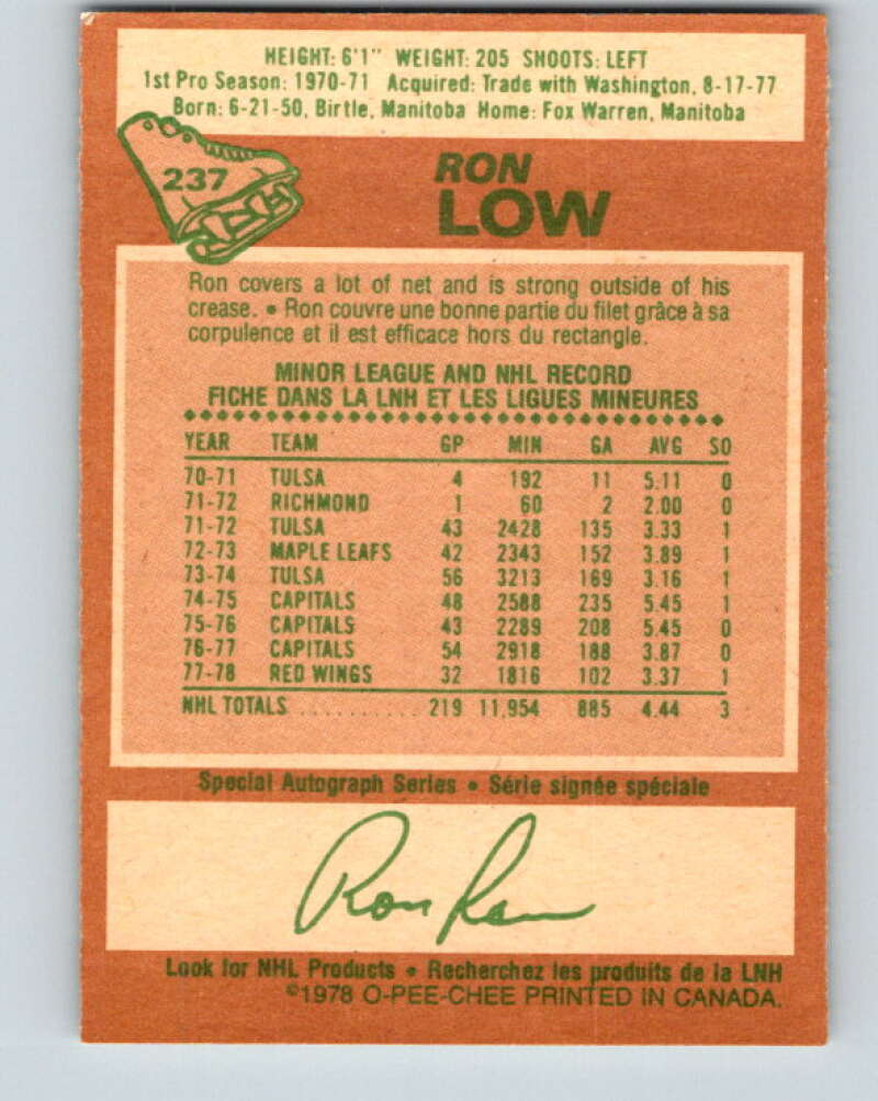 1978-79 O-Pee-Chee #237 Ron Low  Detroit Red Wings  V24217